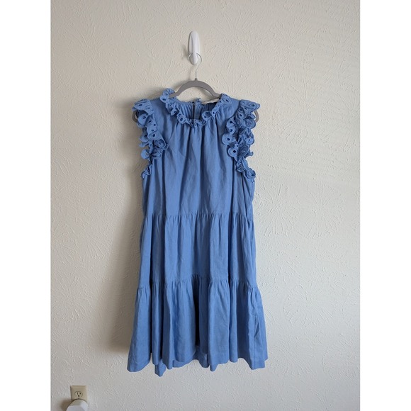 Sea NY Waverly dress size M blue linen blend ruffle sleeve tiered mini $425 - Picture 3 of 8